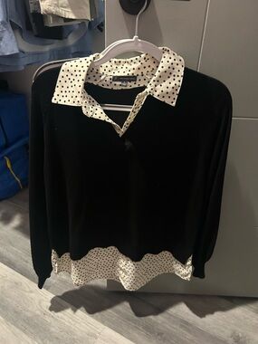 Black Polka Dot Trim Pullover Top - Classic Layered Look
